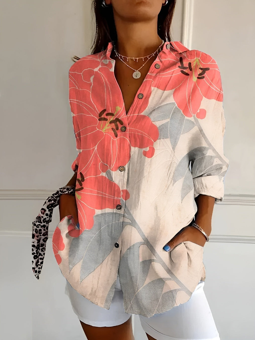 Women's Feminine Blouse with Floral Buttons