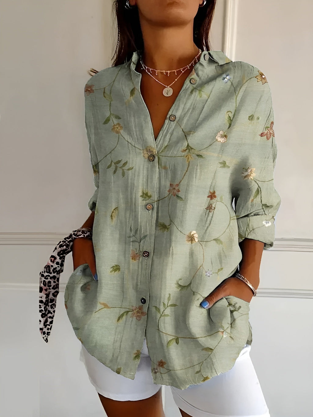Women's Feminine Blouse with Floral Buttons
