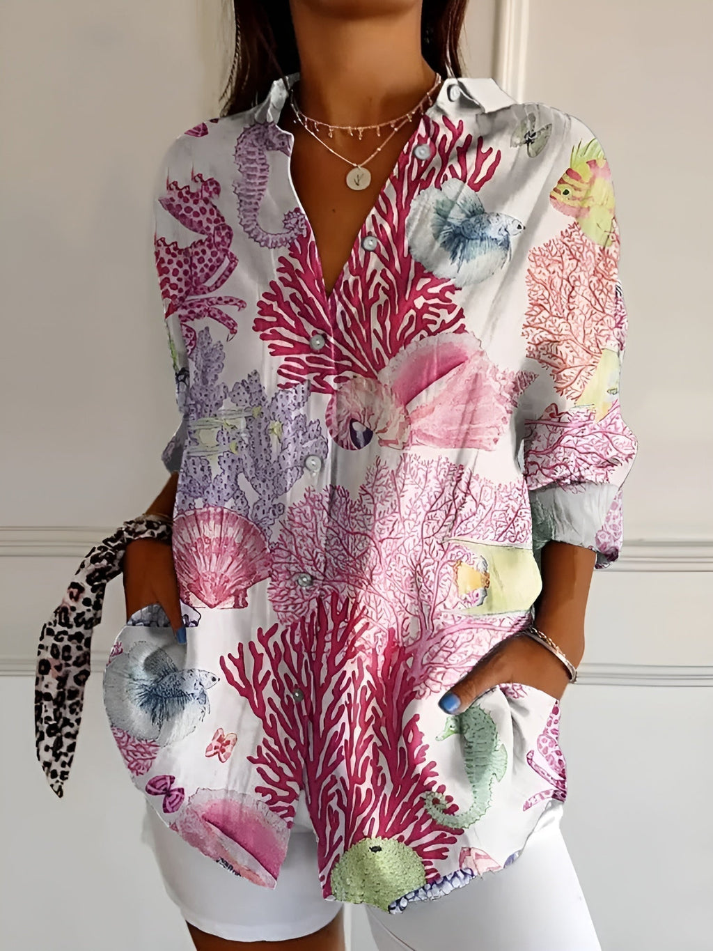 Women's Feminine Blouse with Floral Buttons