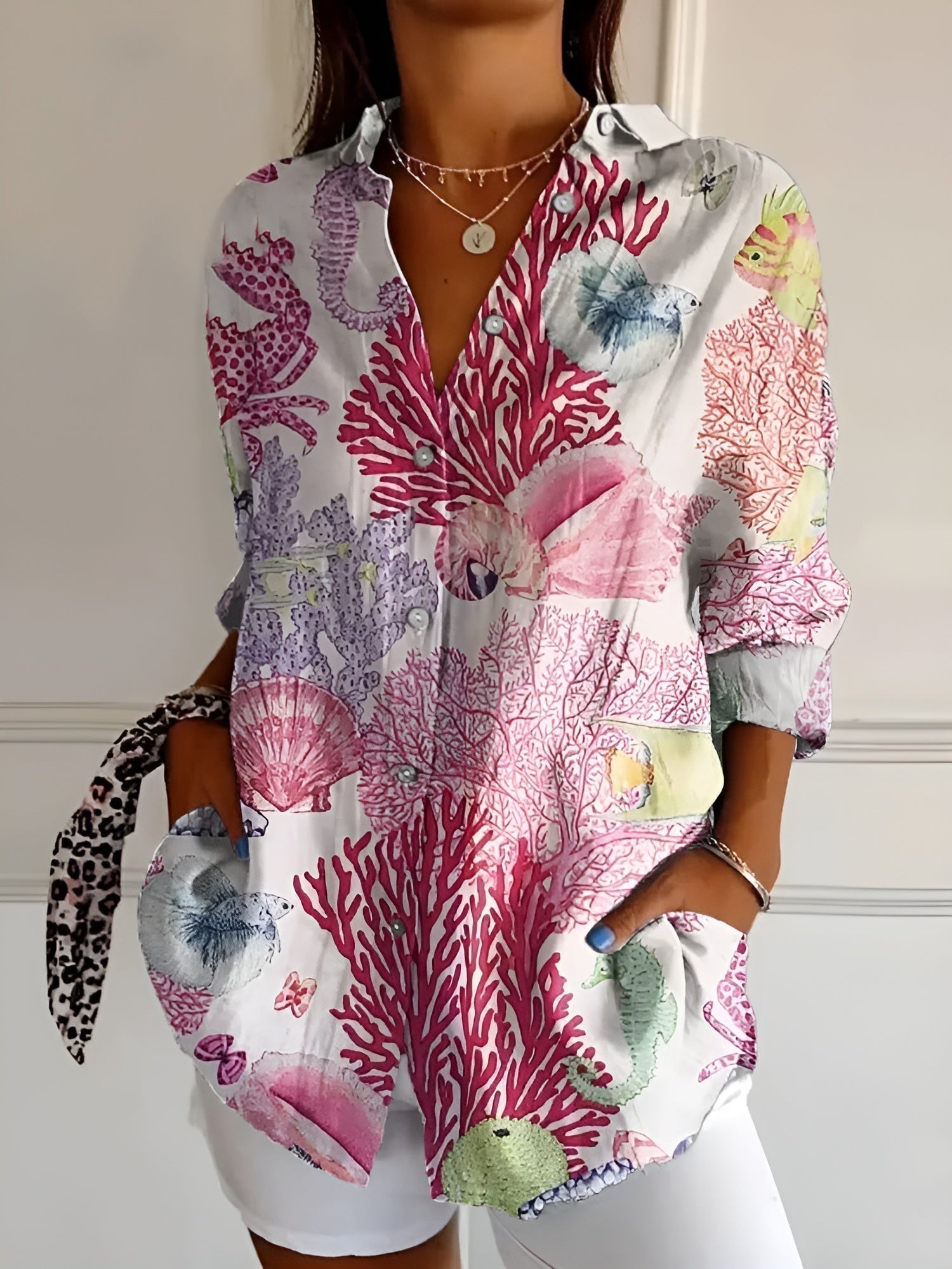Women's Feminine Blouse with Floral Buttons